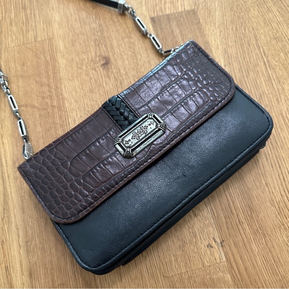 Brighton Black Brown Leather Crossbody Organizer Zip Around Wallet - Picture 3 of 15